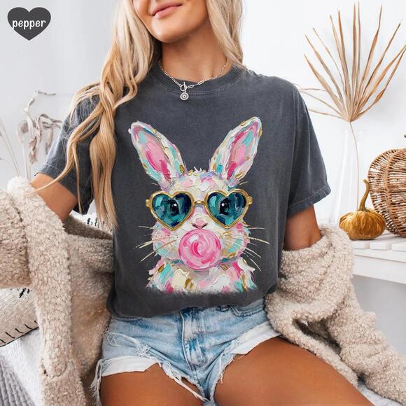 Other - Sa? Bunny Blowing Bubble Shirt, Coquette Happy Easter Tee Shirt, Funny